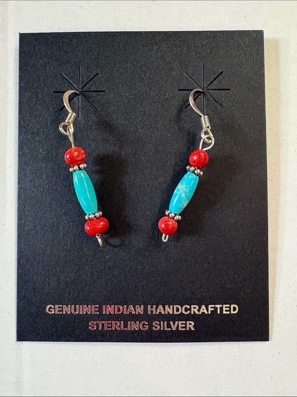Navajo Made Sterling Silver Turquoise & Red Apple Coral Dangle Earrings
